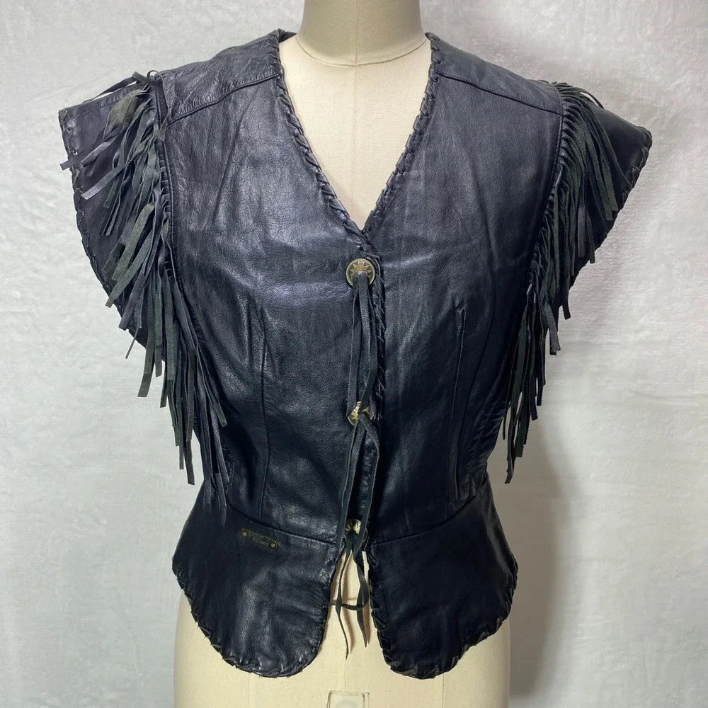 HARLEY DAVIDSON Womens XS Black Leather Vest‎ Fringe Biker Chick Motorcycle